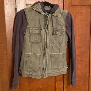 Army green denim mixed media jacket.